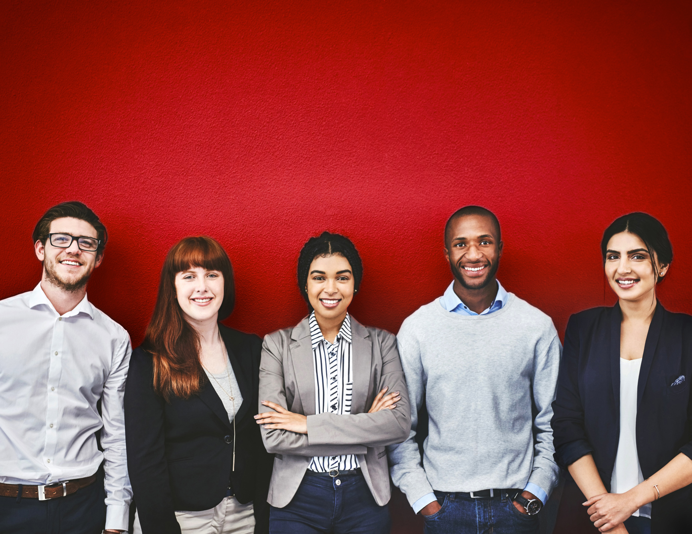 Smiling people red background